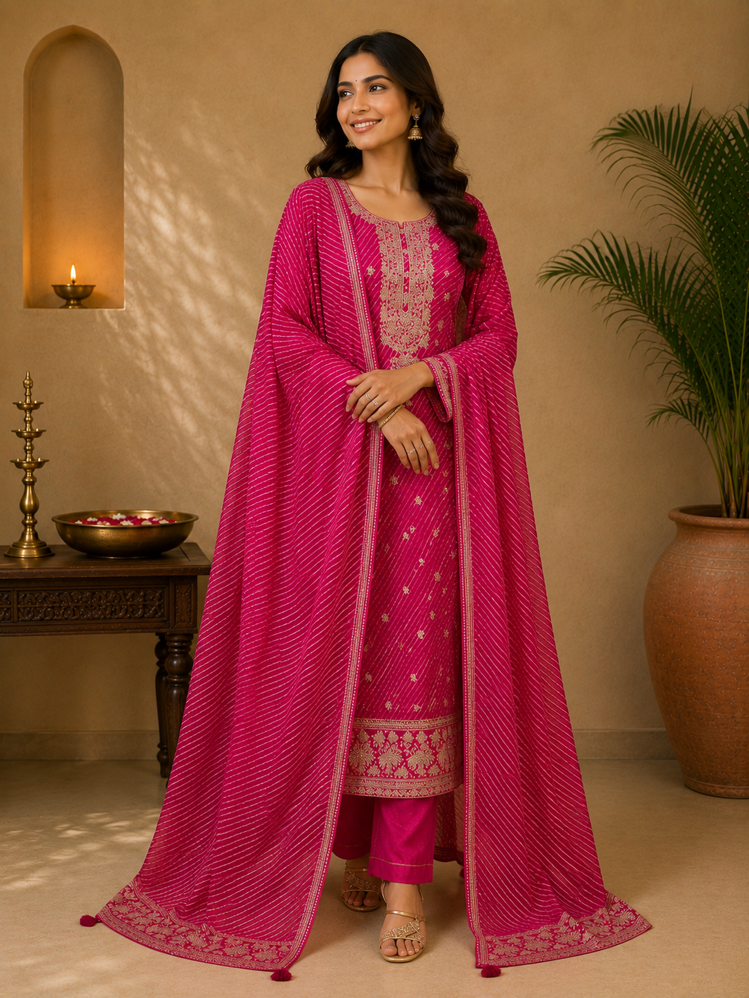 Rani Pink Embroidered Leheriya Set