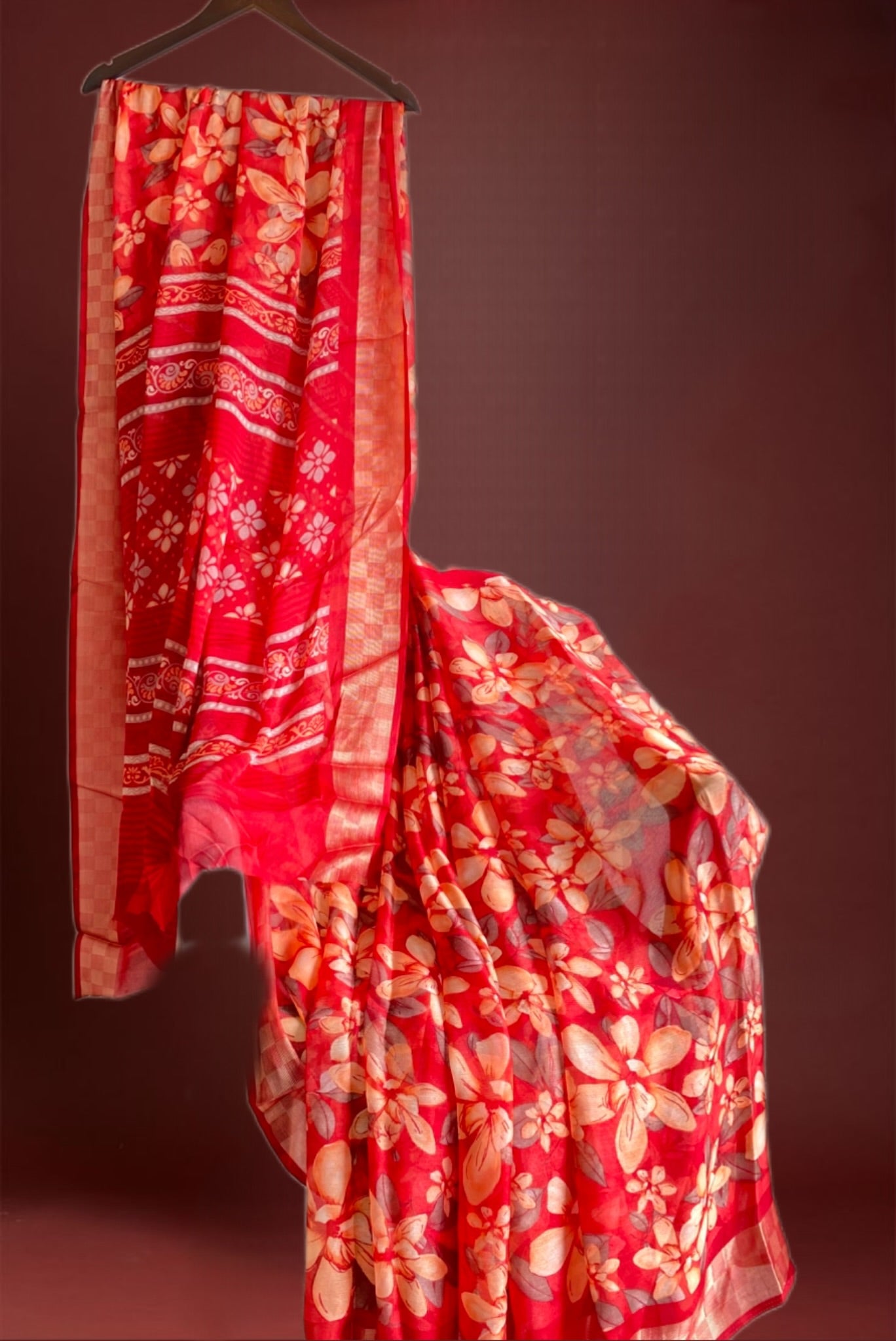 Floral Saree with Golden Checkered Border