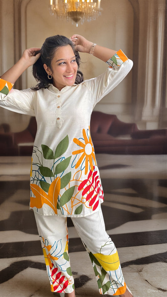 Ivory Co-ord Set with Abstract Multicolor Floral Print
