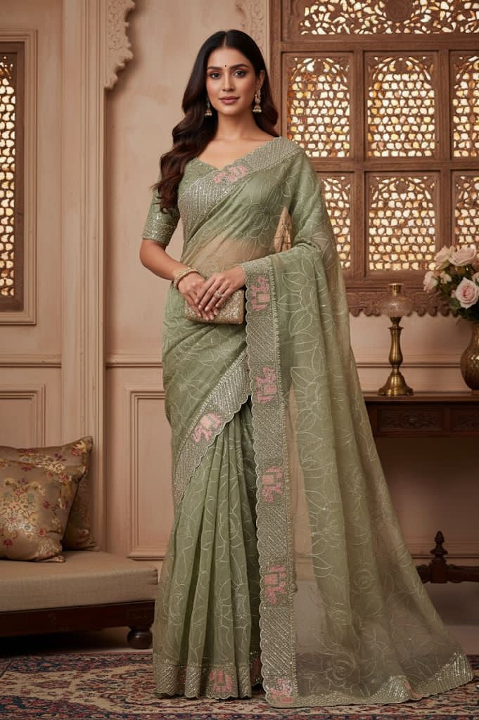Sage Green Net Saree with Pastel Floral Accents