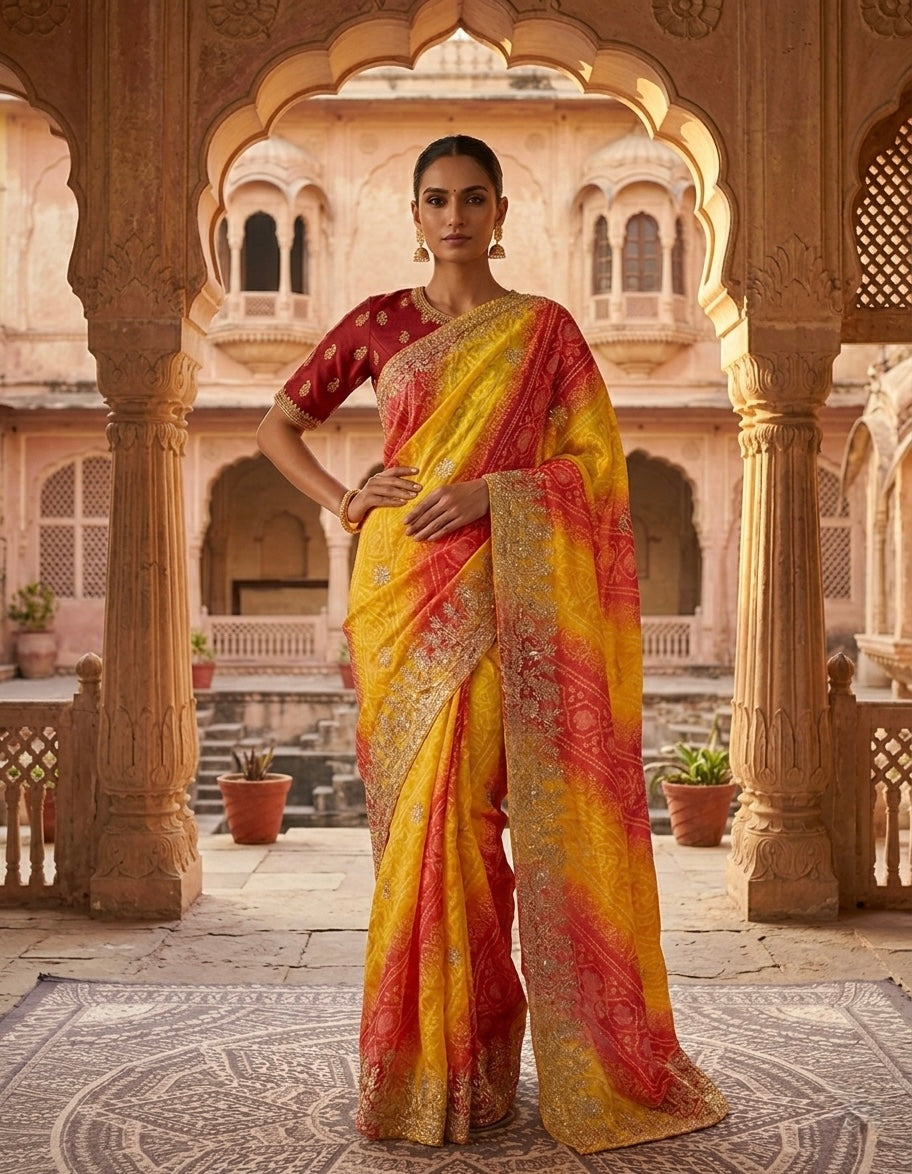 Sunrise Bloom Bhandej Saree