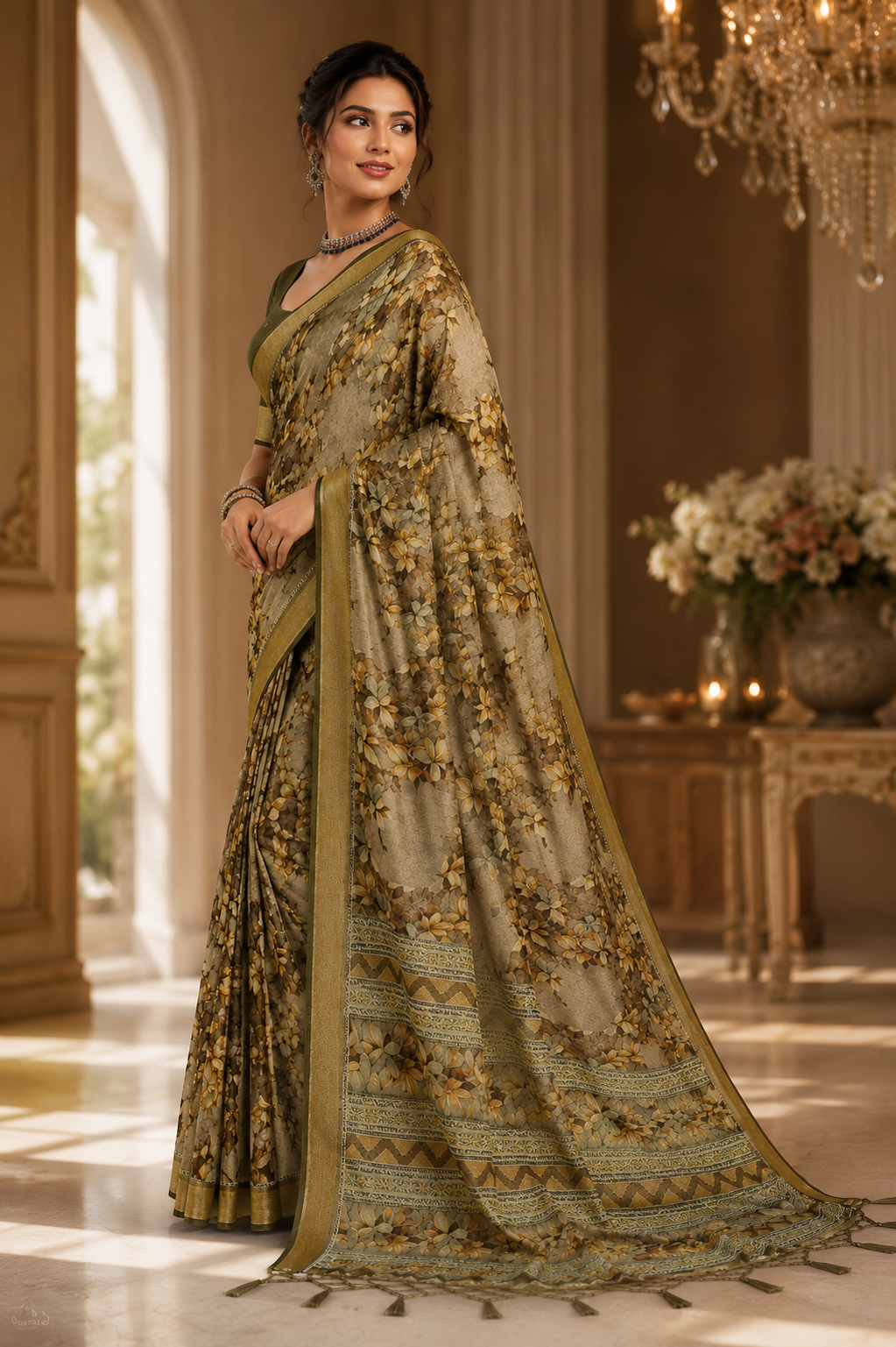 Olive Meadow Floral Printed Saree