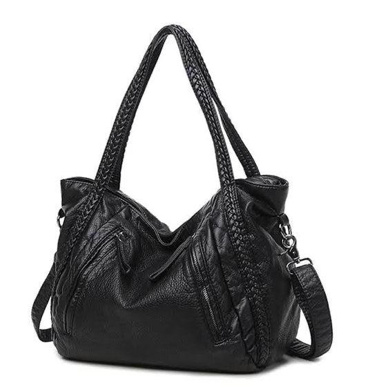 Black Genuine Leather Braided Handle Shoulder Bag
