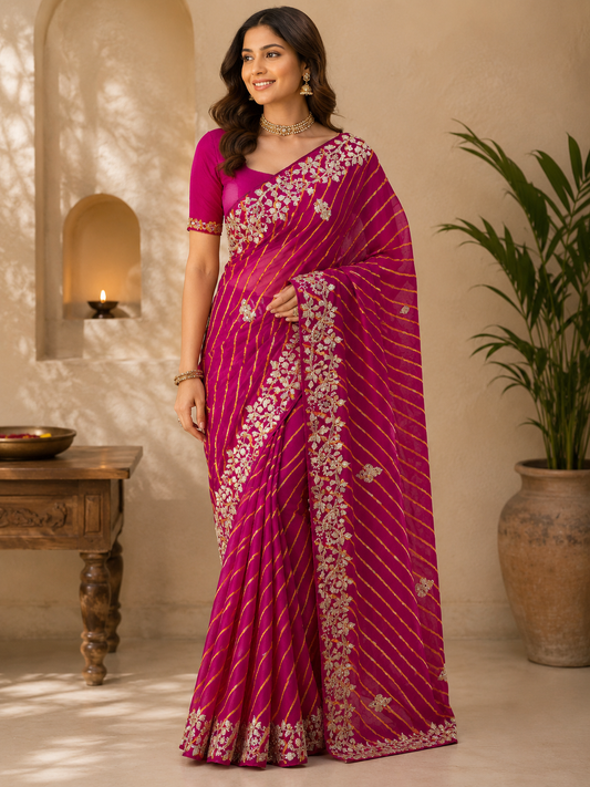 Embroidered Leheriya Soft Chiffon Saree