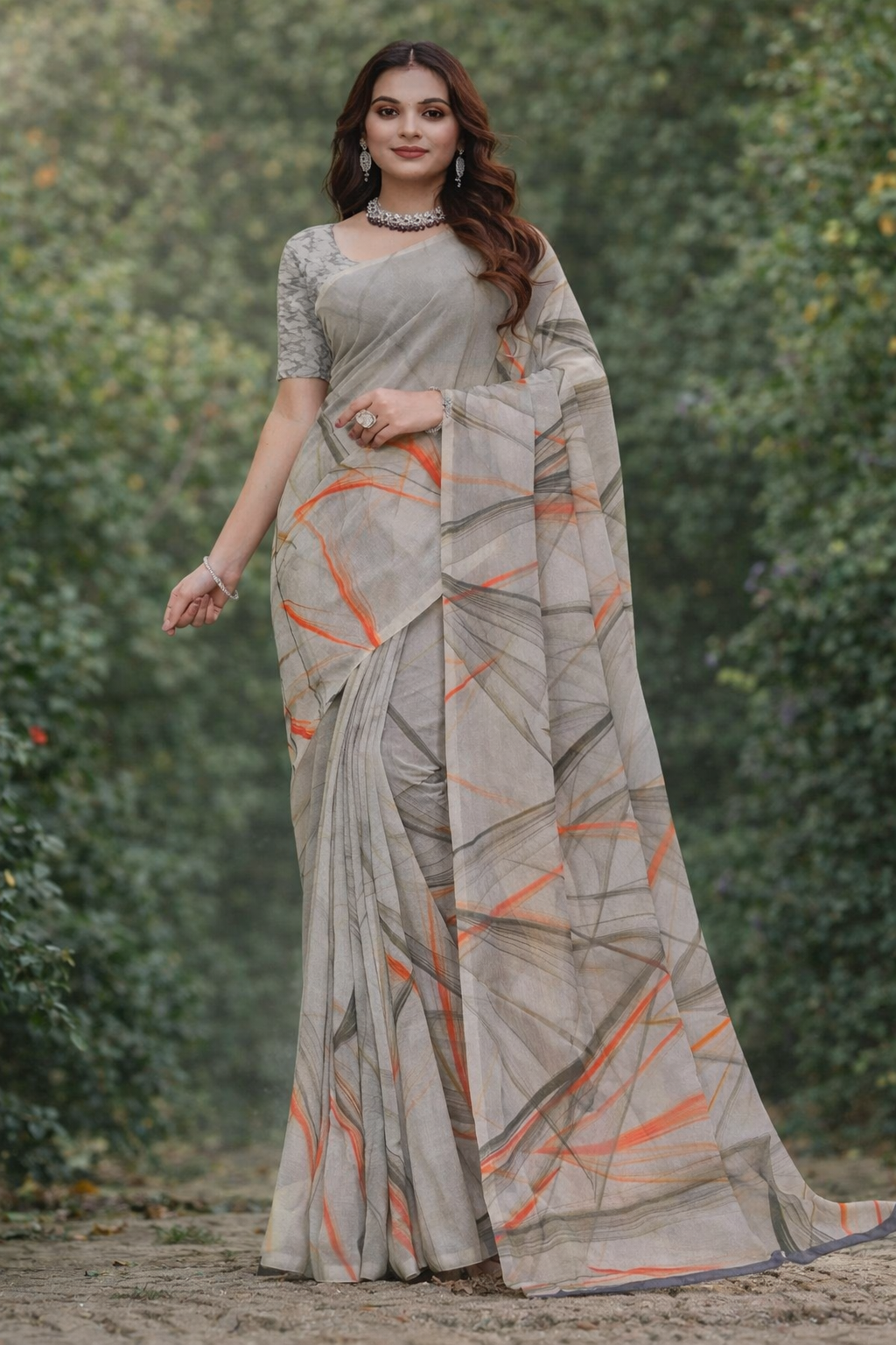 Beige Abstract Digital Print Linen Saree
