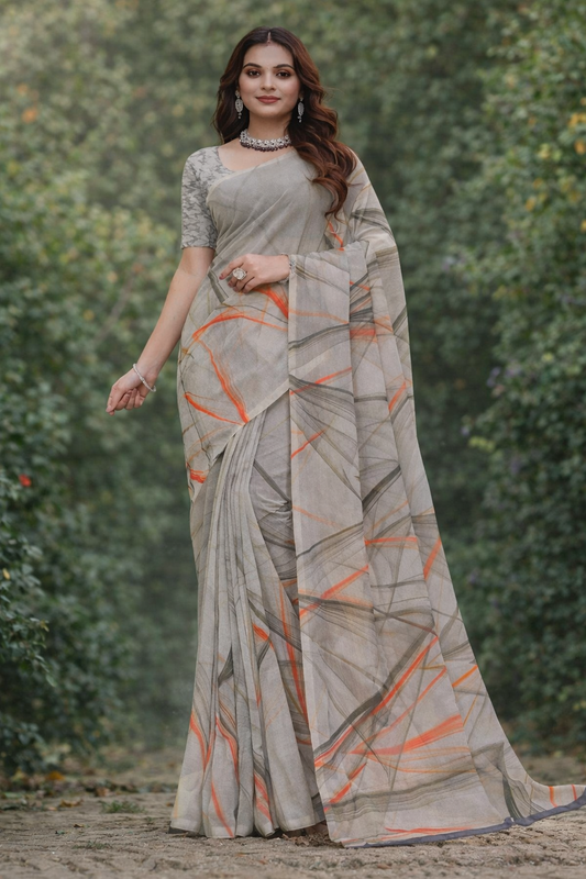 Beige Abstract Digital Print Linen Saree