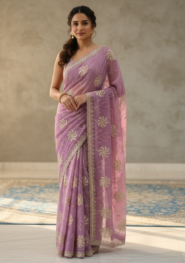 Lavender Grace Floral Printed Organza Silk Saree