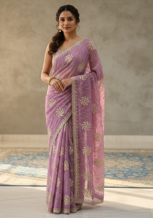 Lavender Grace Floral Printed Organza Silk Saree