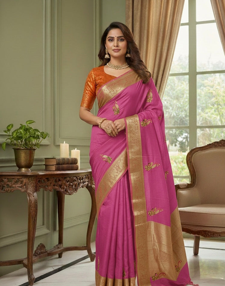 Silk Saree with Gold Zari Border & Peacock Motifs
