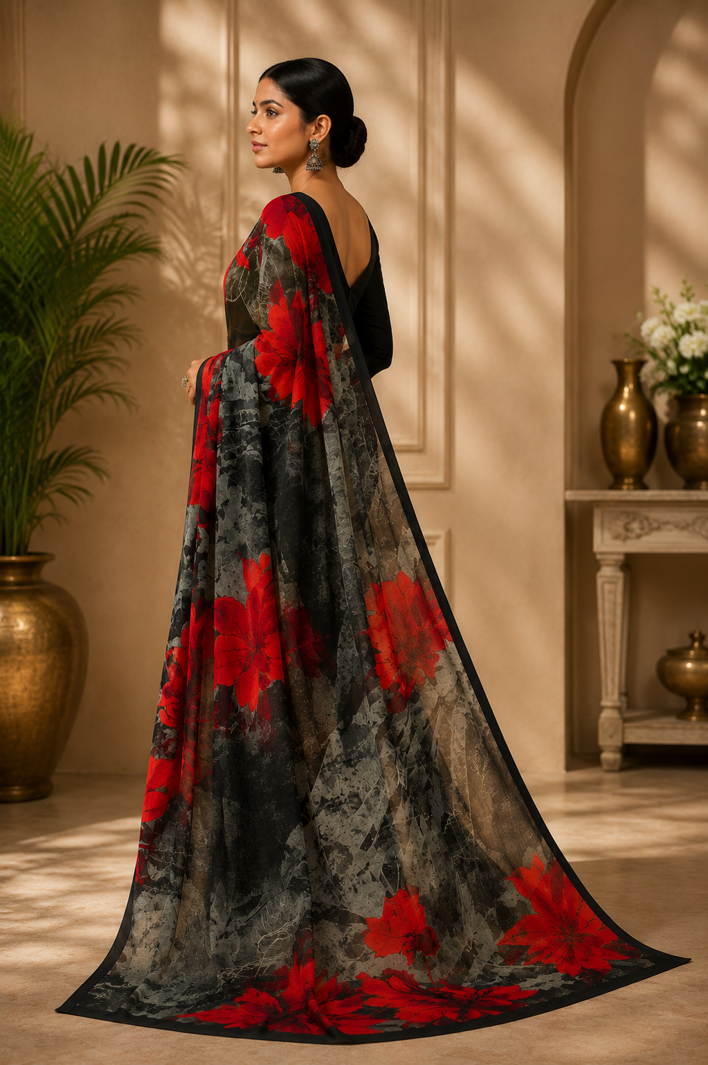Midnight Scarlet Floral Saree