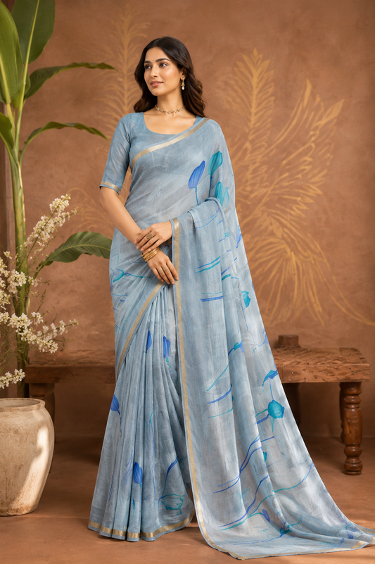Sky Bloom Printed Linen Saree