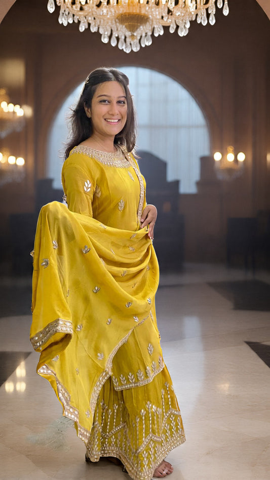 Sunshine Yellow Georgette Sharara Set with Gota Patti & Zari Embroidery