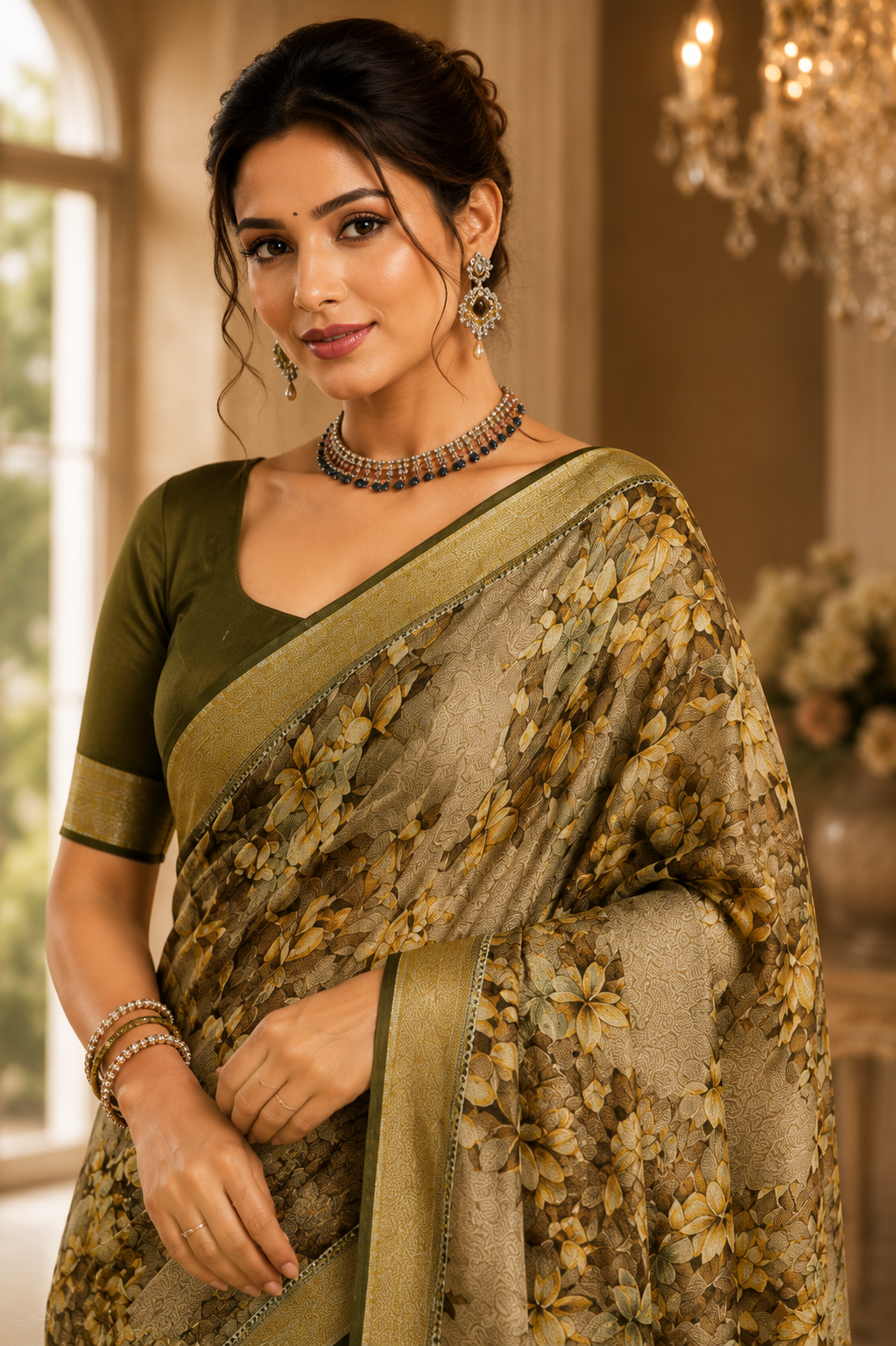 Olive Meadow Floral Printed Saree