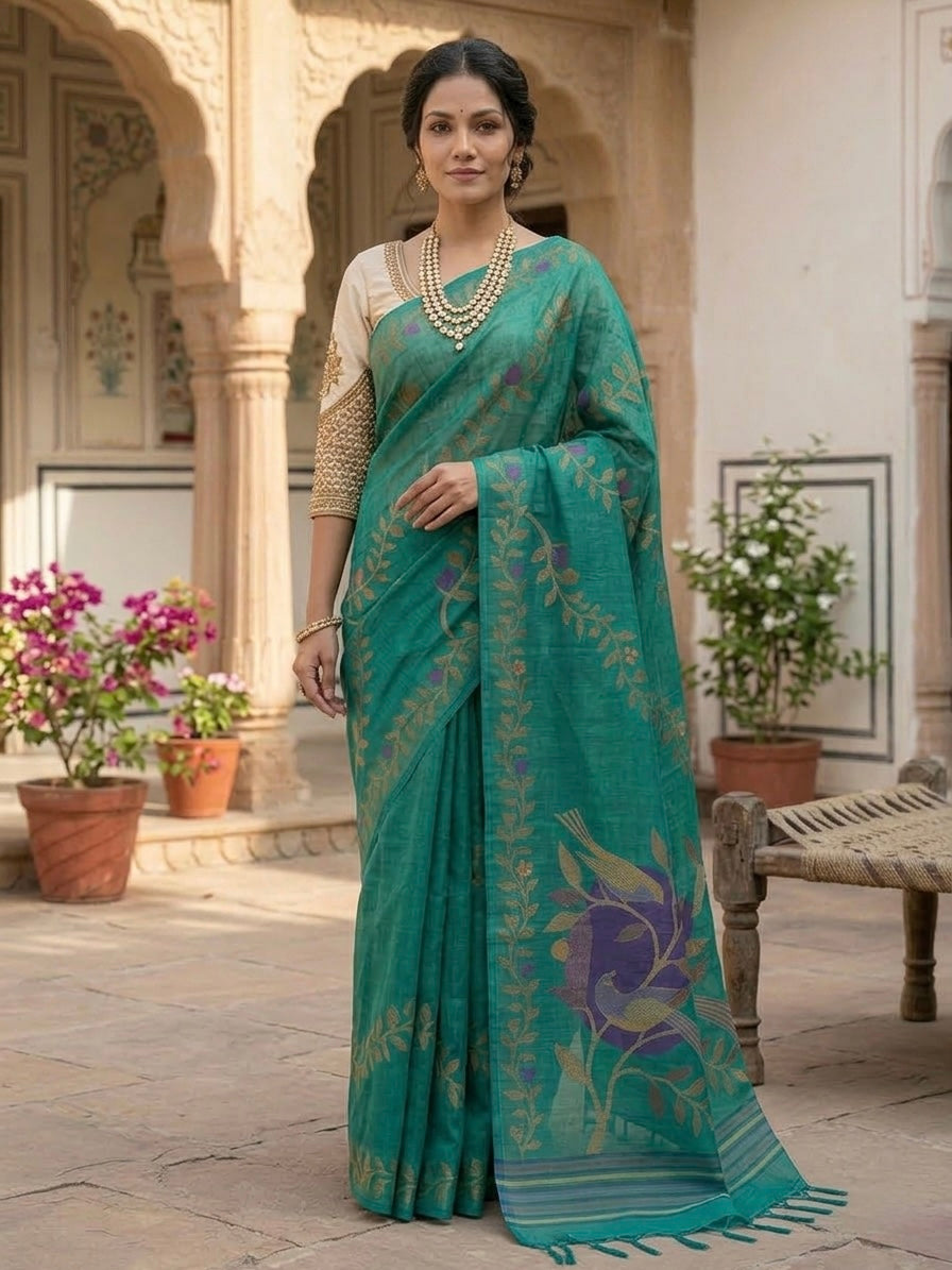 Handwoven Inspired Bird Motif Linen Saree