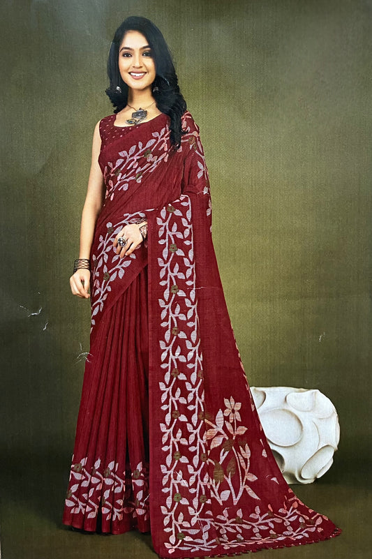 Maroon Printed Leaf Pattern Saree