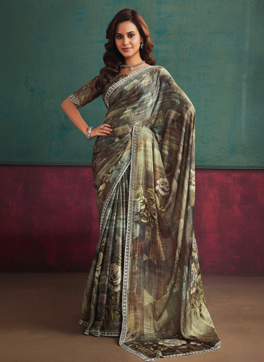 Olive Brown Floral Printed Saree with Vintage Appeal
