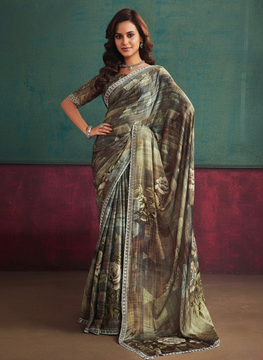Olive Brown Floral Printed Saree with Vintage Appeal