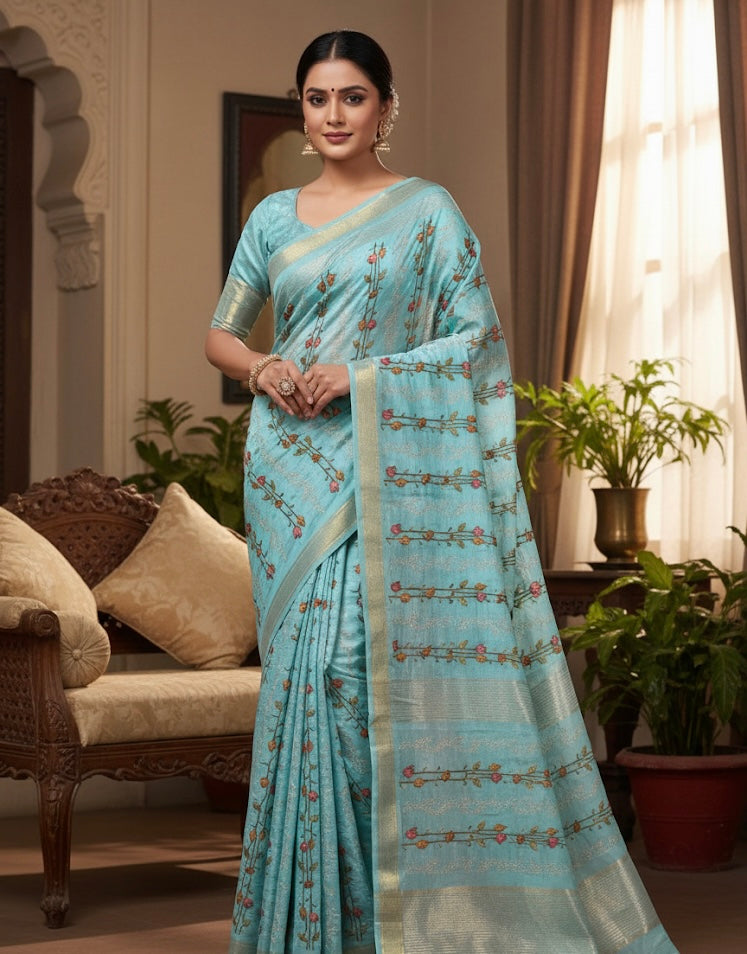 Sky Blue Woven Silk Saree with Floral Vine Design