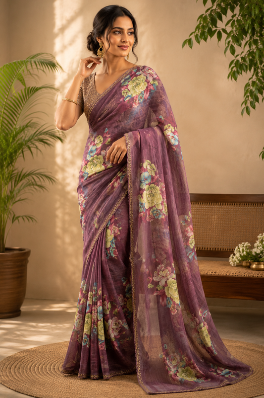 Lavender Blossom Floral Printed Organza Saree