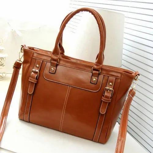 Tan Genuine Leather Structured Tote Bag
