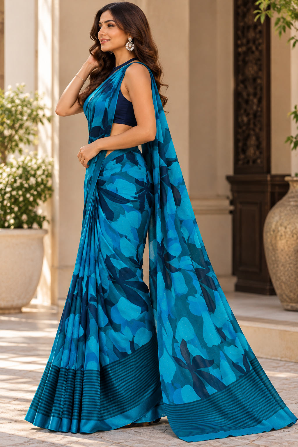 Azure Bloom Printed Saree