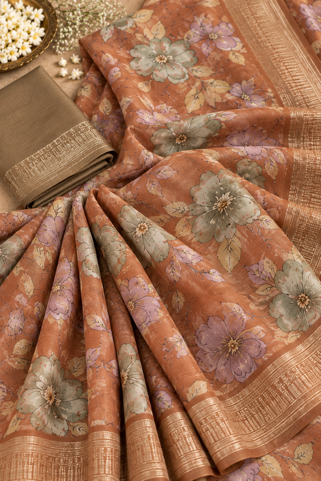 Mocha Blossom – Floral Grace Saree