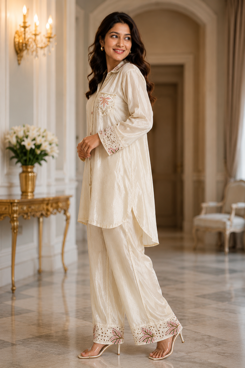 Ivory Embroidered Satin Co-ord Set