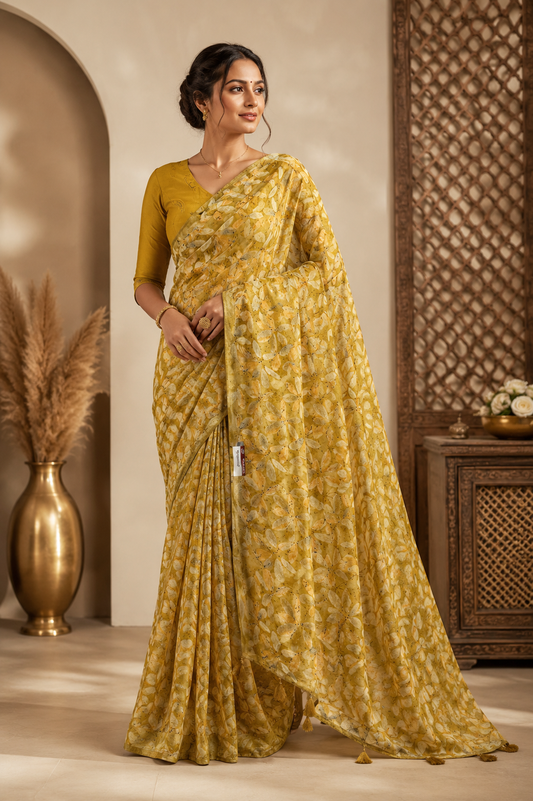 Golden Meadow Printed Saree