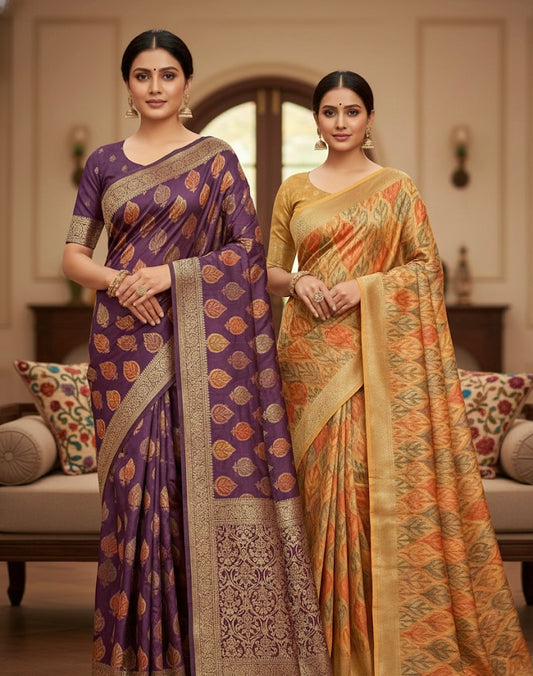 Banarasi Silk Saree with Intricate Zari & Leaf Motifs – Purple & Gold