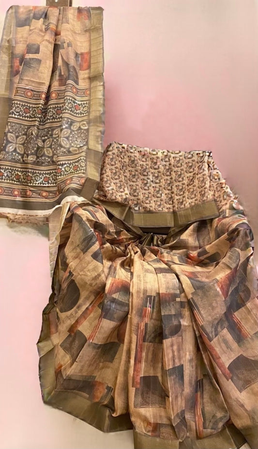Earthy Abstract Print Saree with Traditional Border