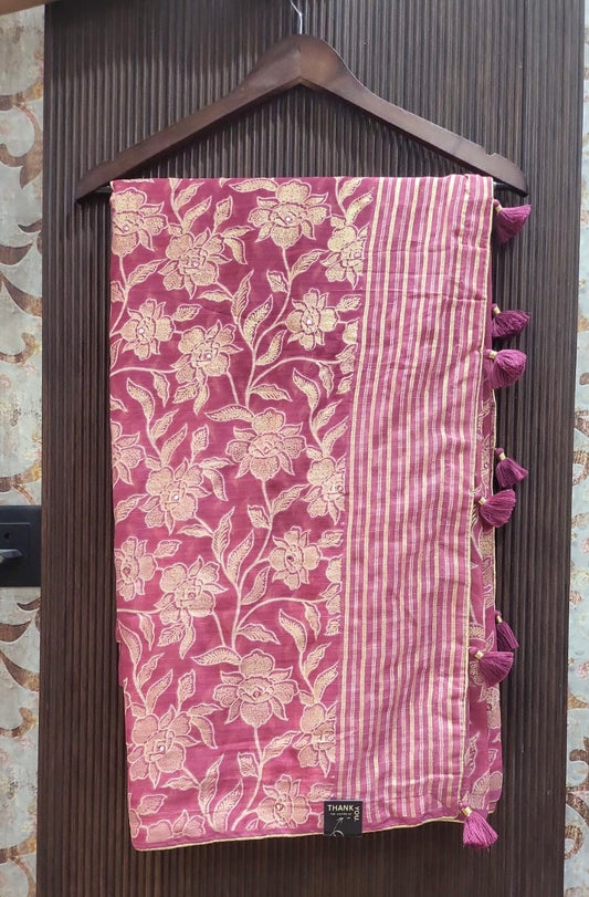 Shimmering Floral Georgette Saree with Striped Pallu