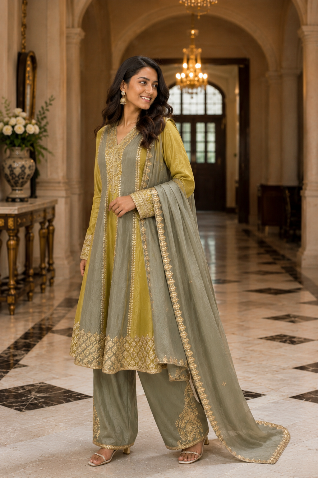 Olive Green & Mustard Anarkali Suit Set with Zari Embroidery and Silk Finish