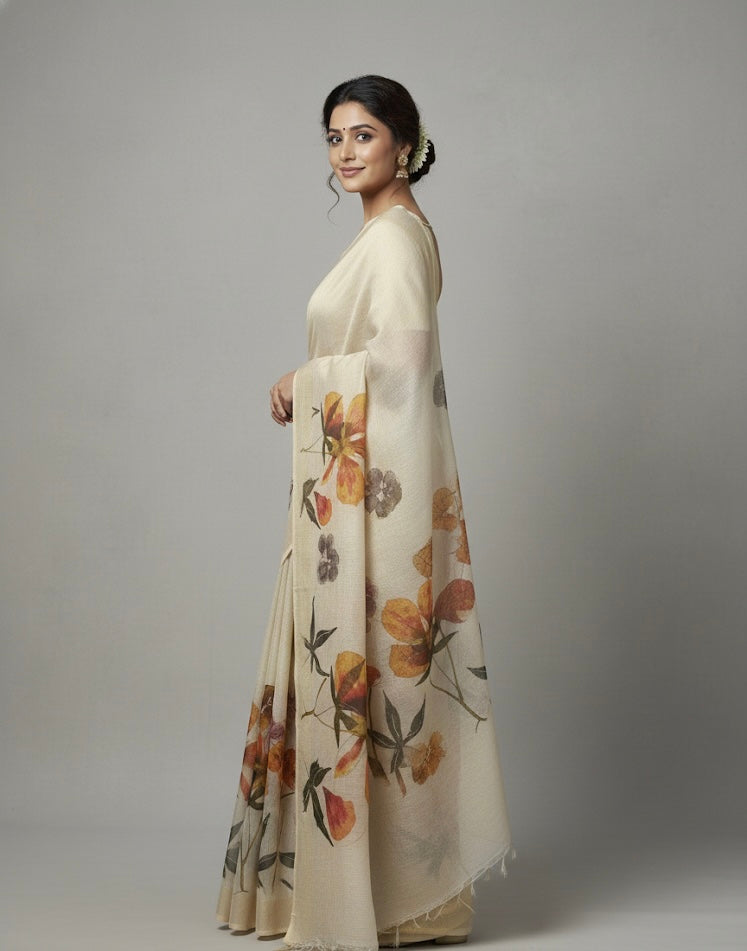 Ivory Floral Printed Saree with Subtle Gold Finish