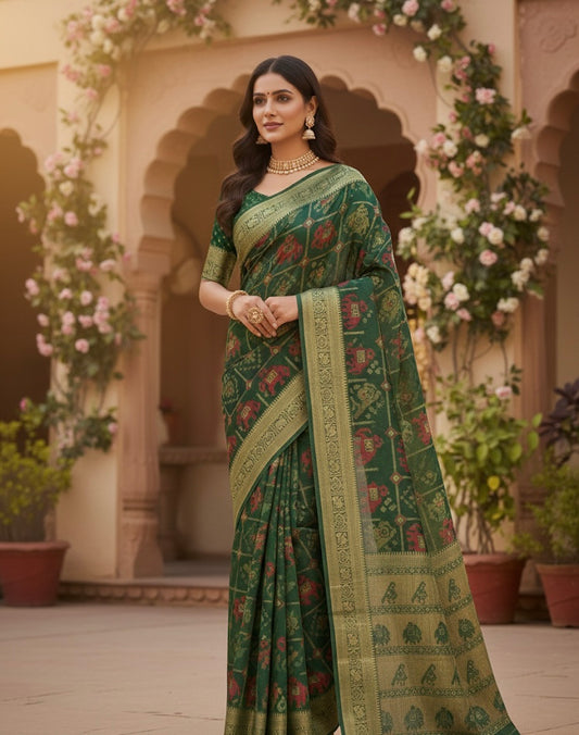 Traditional Woven Silk Saree with Geometric & Elephant Motifs – Green, Maroon & Red