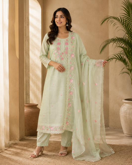 Mint Green Floral Embroidered Kurta Pant Dupatta Set