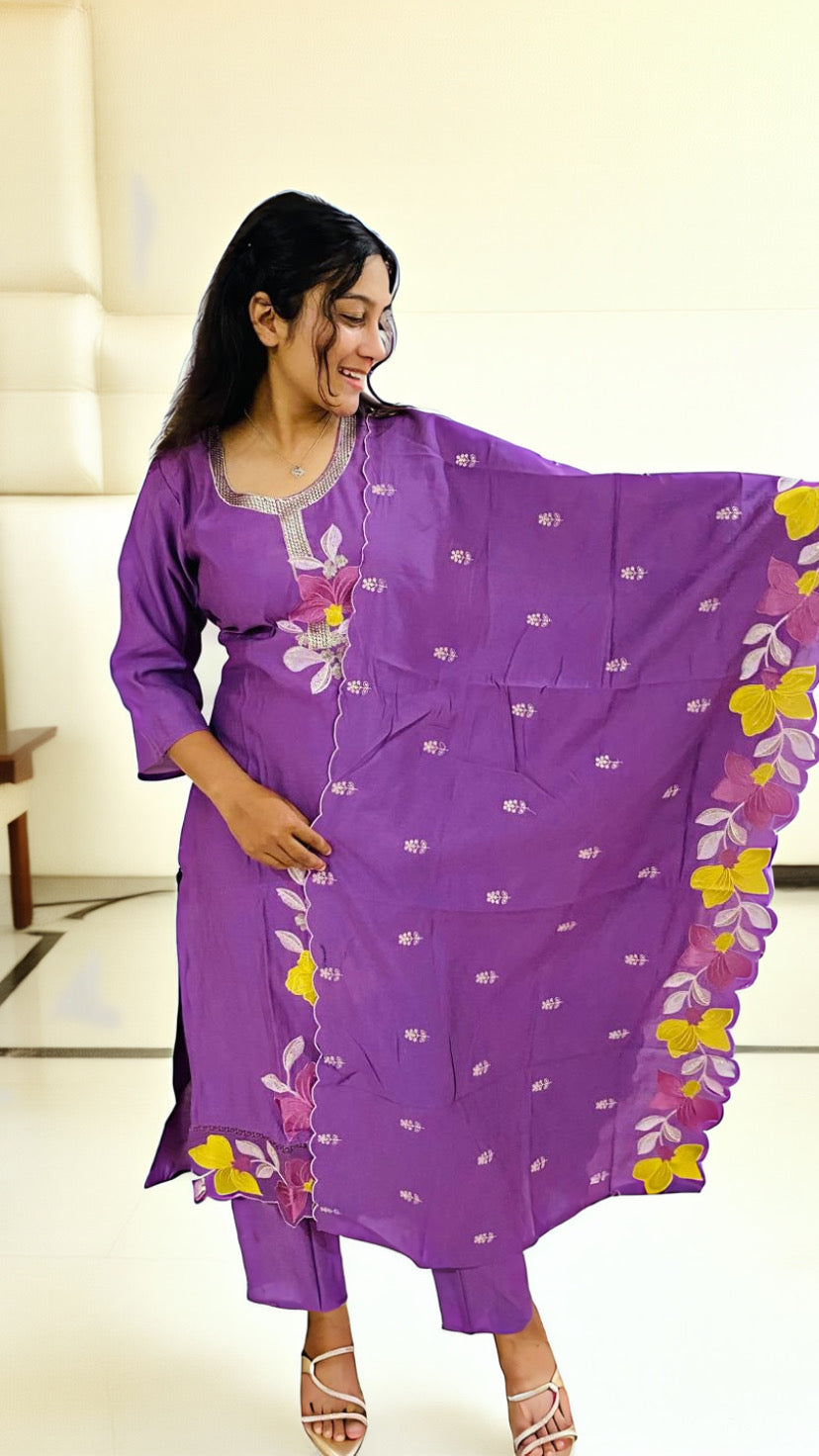 Purple Floral Embroidered Kurta Set with Dupatta