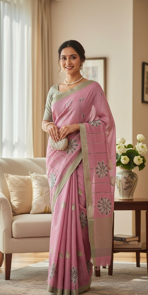 Handcrafted Linen Saree with Botanical Print