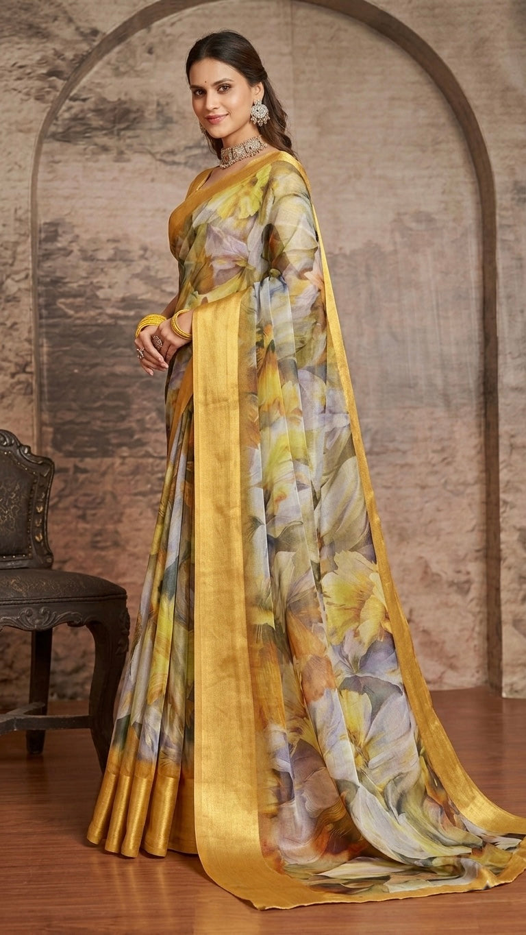Sunlit Blossom Printed Linen Saree