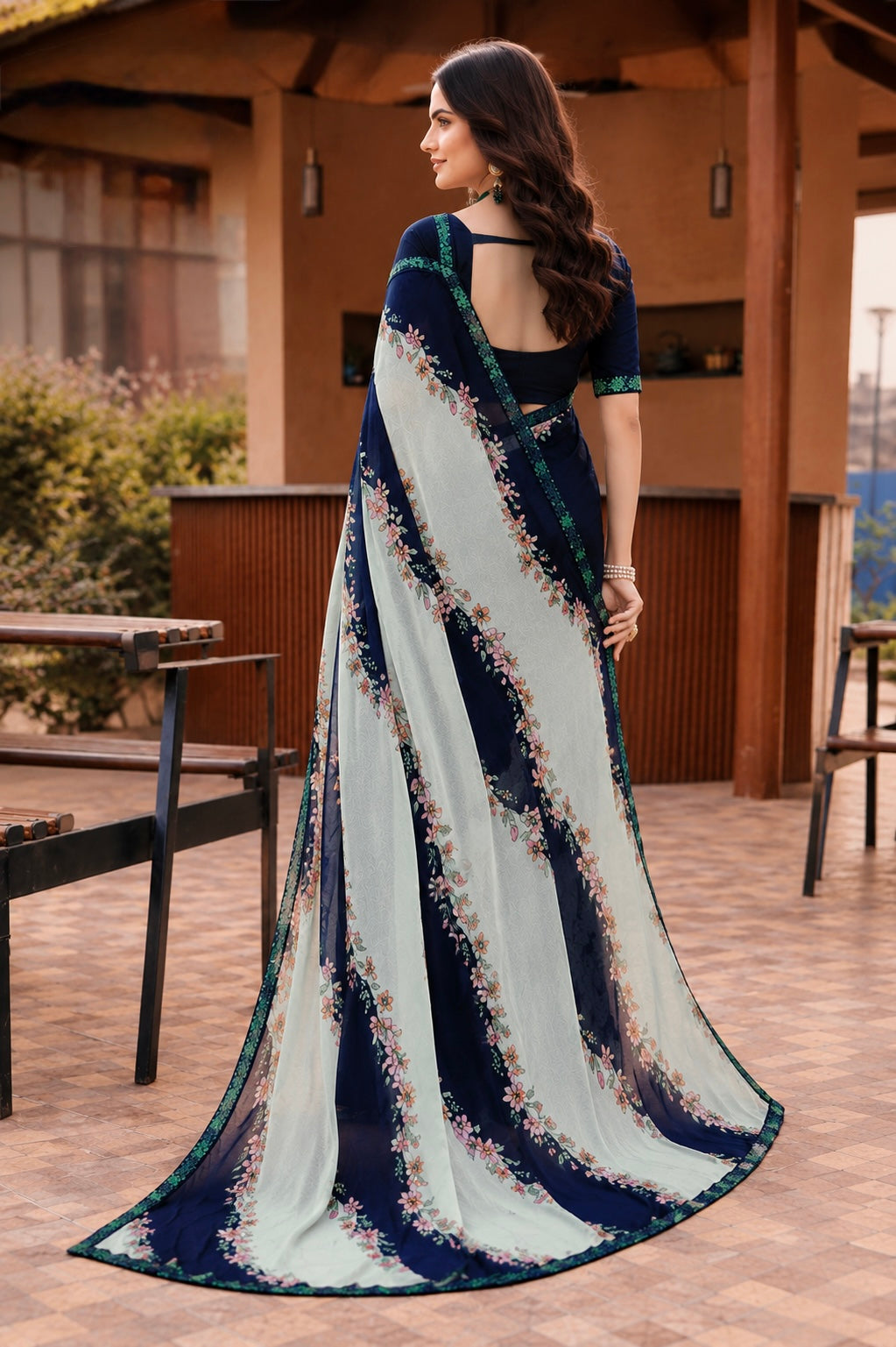 Midnight Bloom Organza Saree