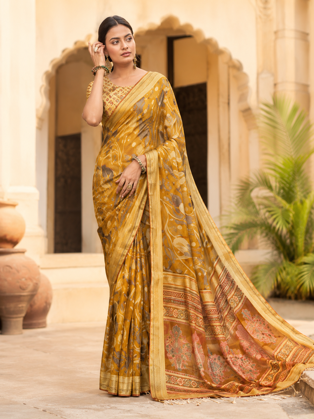 Mustard Heritage Printed Saree