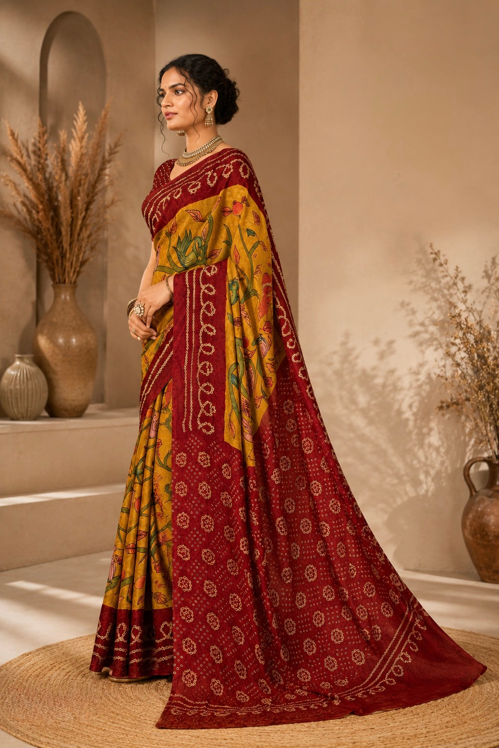 Mustard Maroon Folk Art Saree