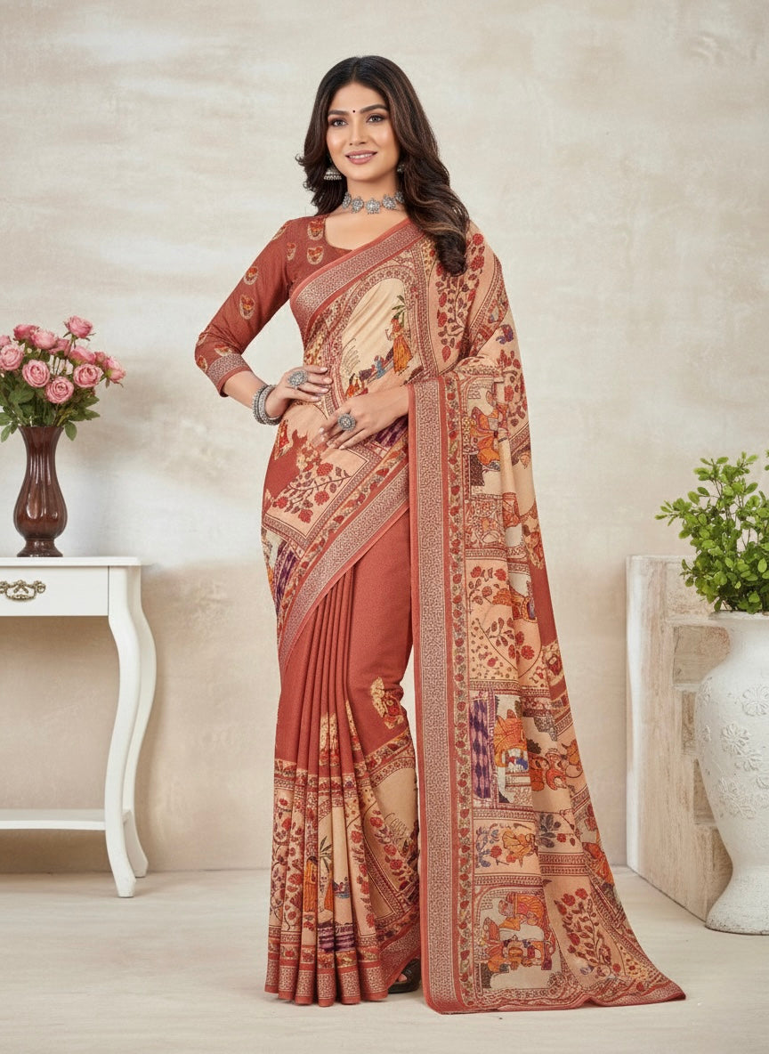 Rust Brown & Beige with Multicolour Accents