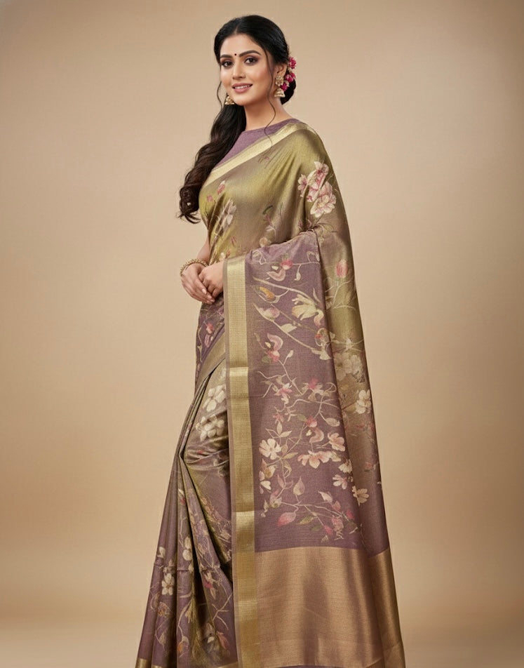 Dual-Tone Floral Banarasi Silk Saree with Gold Zari Border