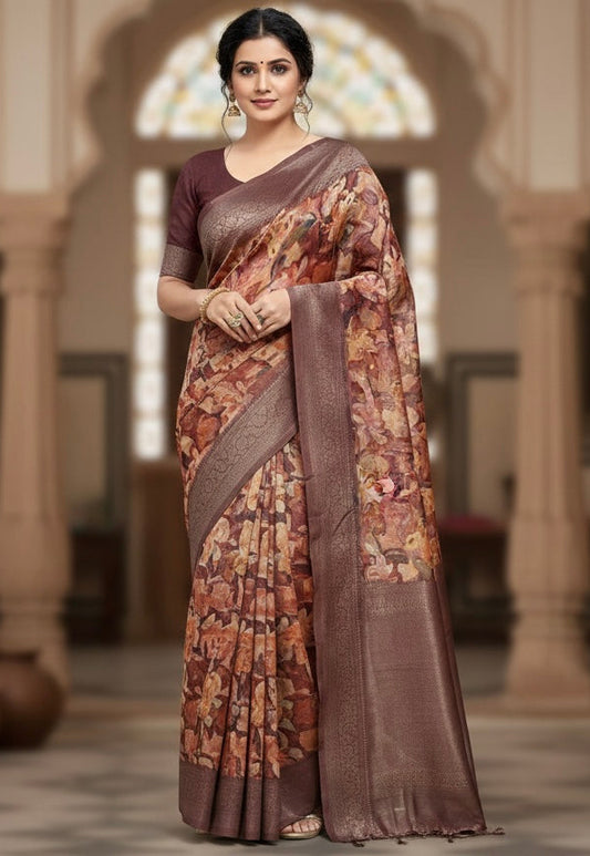 Rustic Autumn Floral Silk Blend Saree