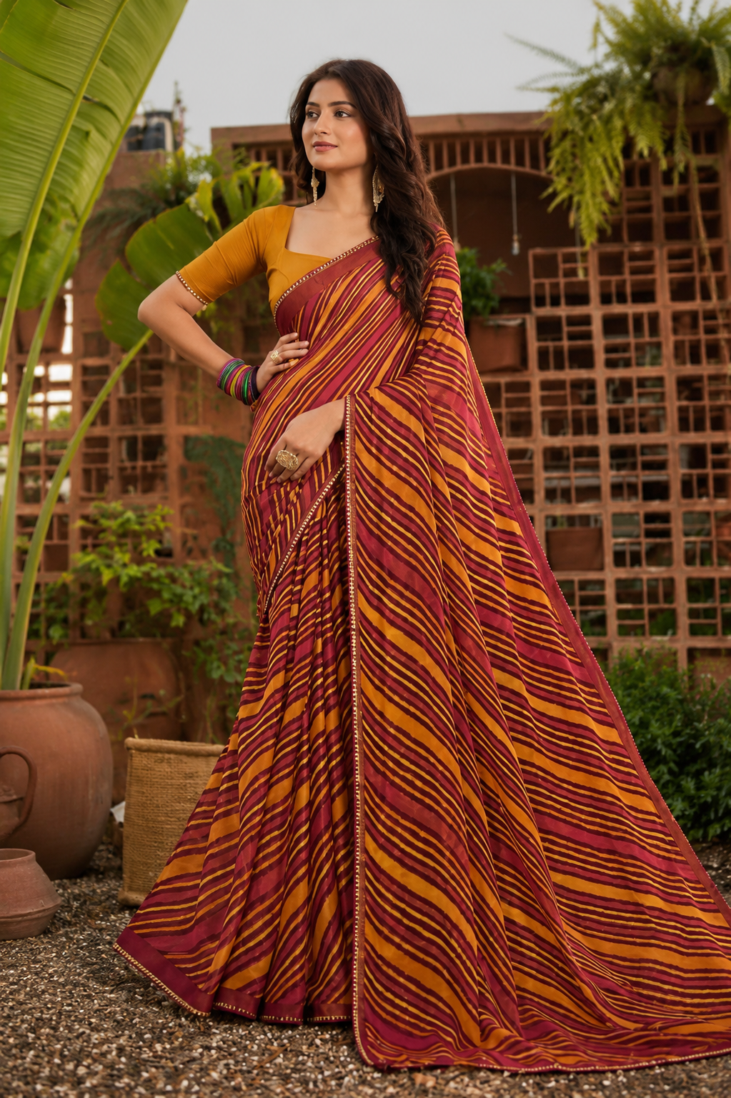 Rust Maroon Leheriya Printed Linen Saree
