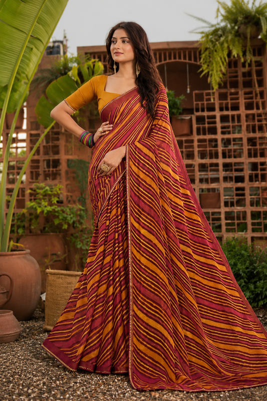Rust Maroon Leheriya Printed Linen Saree