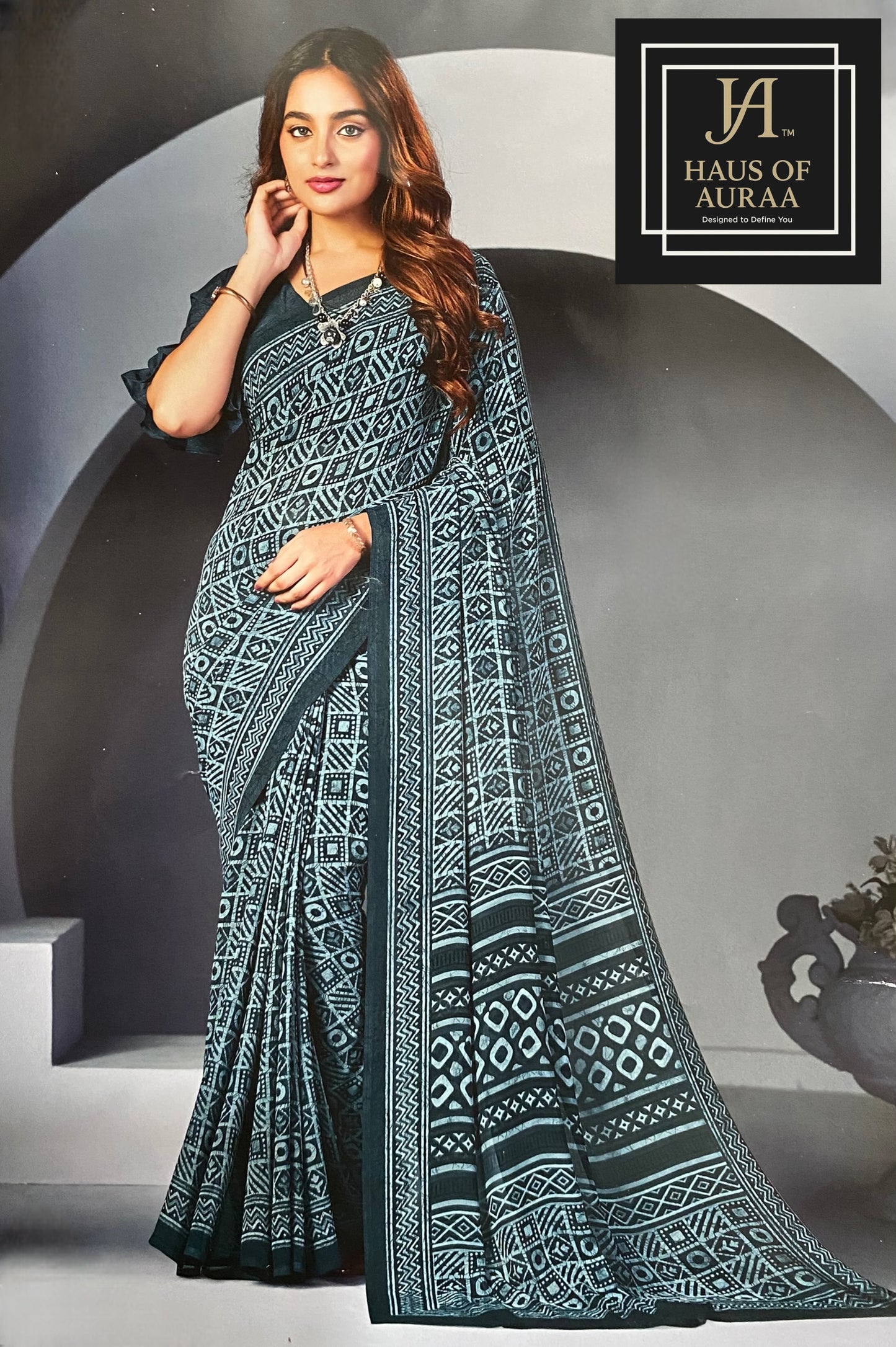 Chic Teal & Black Geometric Print Saree with Contemporary Appeal