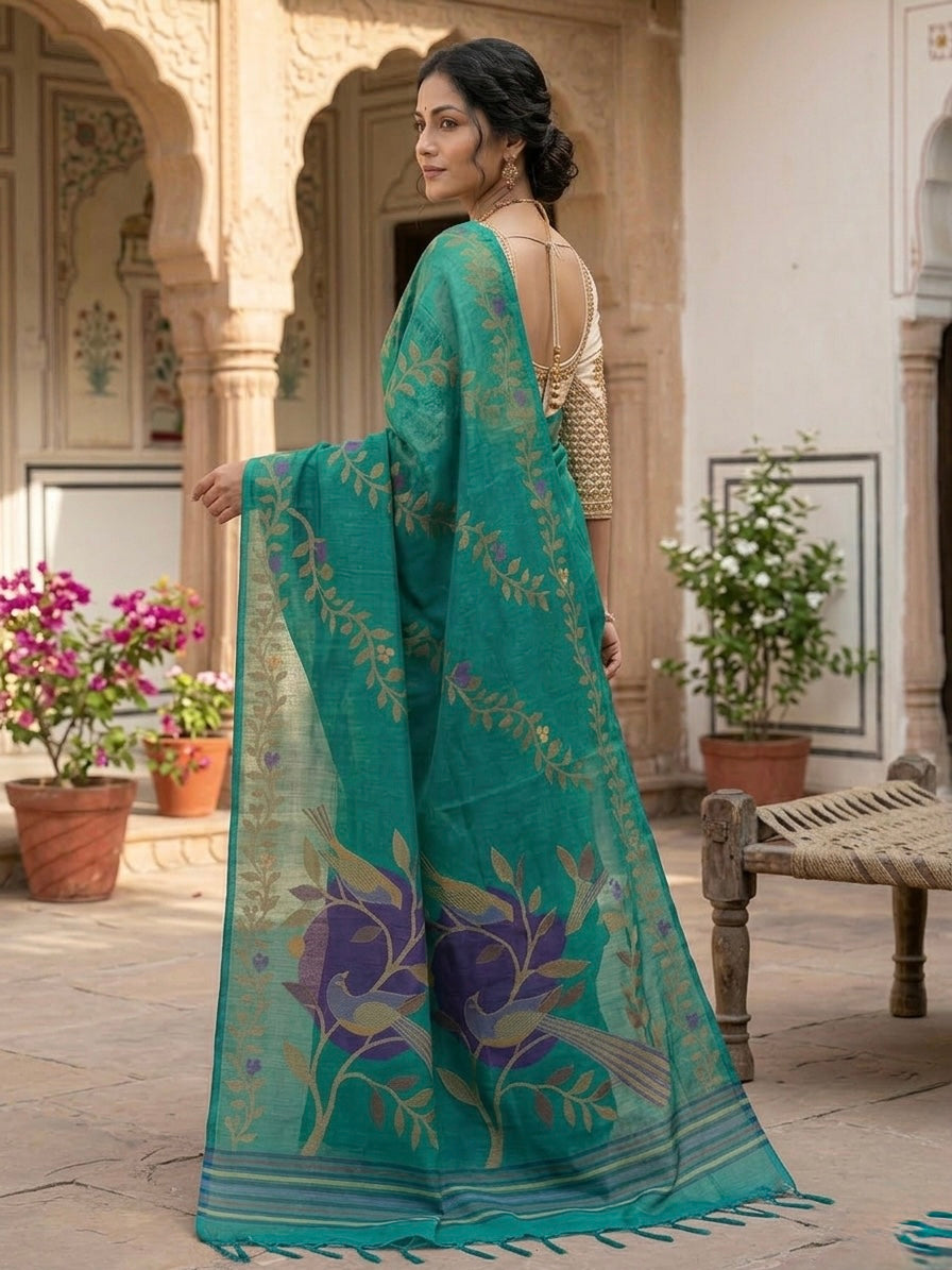 Handwoven Inspired Bird Motif Linen Saree