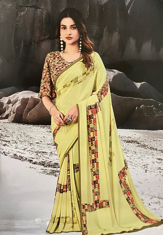 Synthetic Saree with Multicolor Geometric Print Border & Blouse