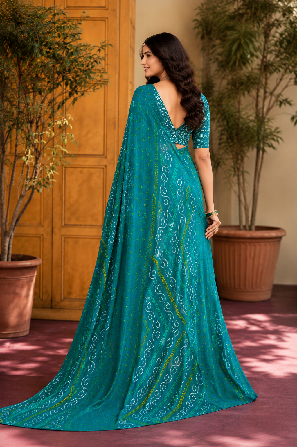 Teal Bandhani-Inspired Printed Saree